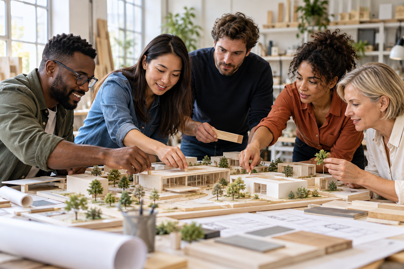 Equipo multicultural colaborando en una maqueta arquitectónica